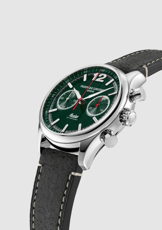 Green dial chronograph with leather band.
