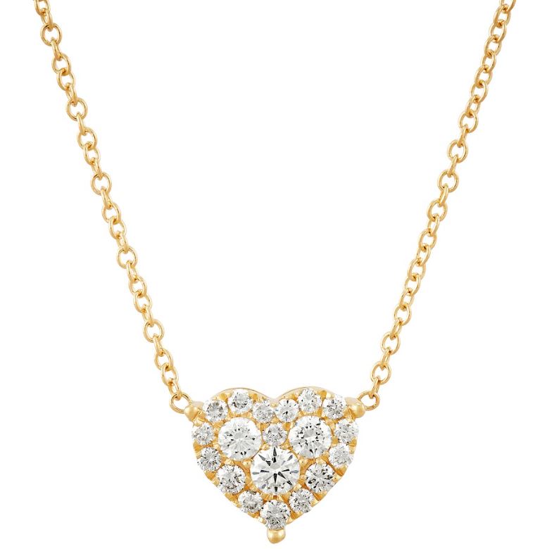Heart-shaped diamond necklace, yellow gold chain.