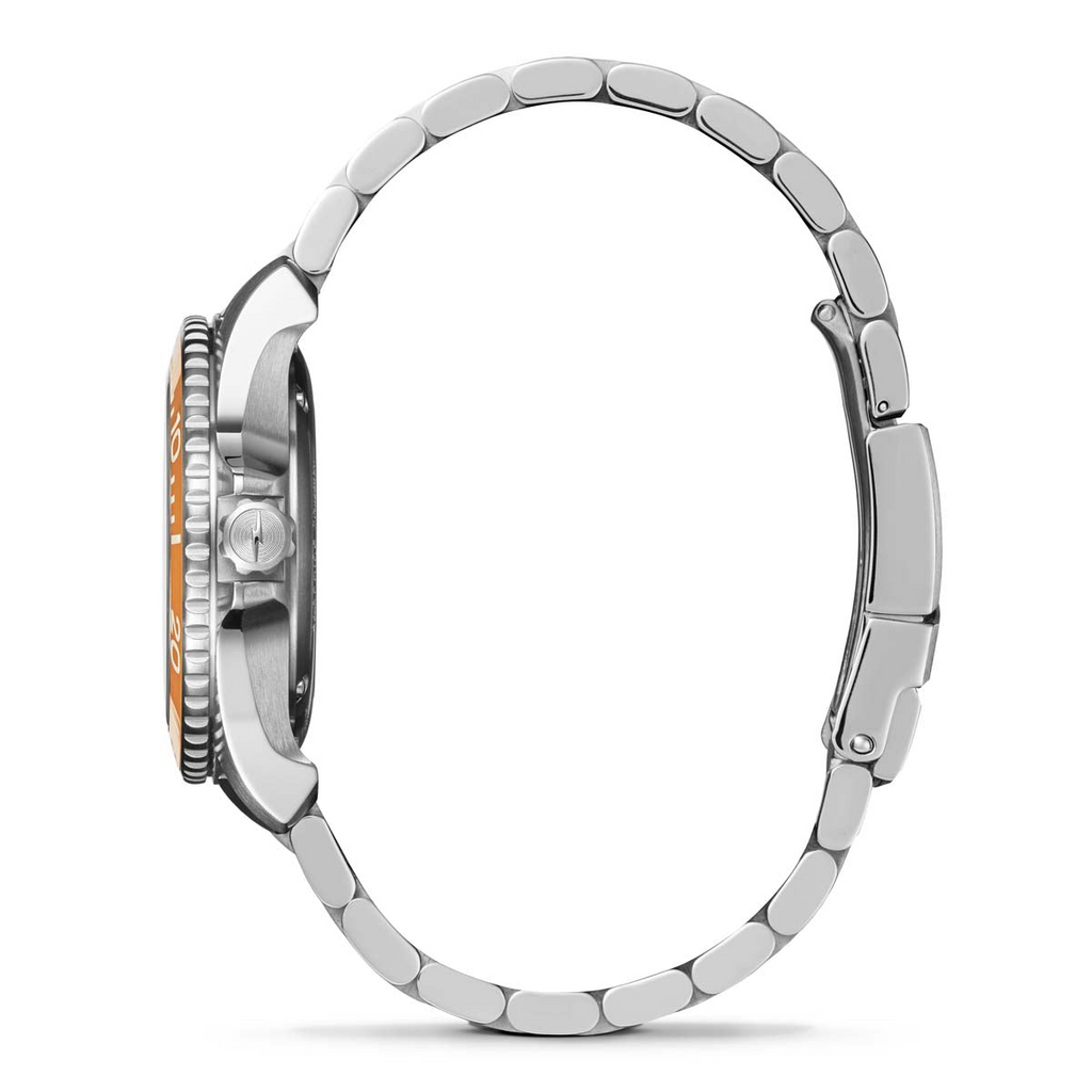 Stainless steel watch with yellow dial.