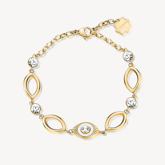 Gold bracelet with simulated diamonds and eye motif.