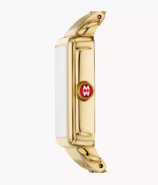 Gold-plated watch side view with red crown.