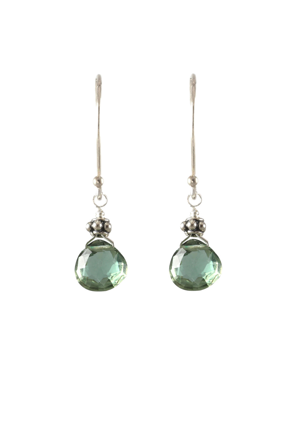 Green quartz teardrop dangle earrings in silver.
