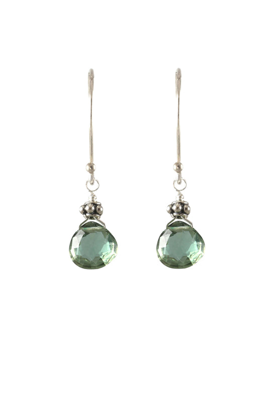 Green quartz teardrop dangle earrings in silver.