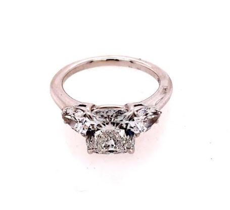 Three Stone Lab-Grown Diamond Complete Engagement Ring in 14 Karat White with 3.04ctw F VS2 Cushion Lab Grown Diamond