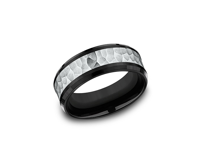 Titanium white-black band, hammered finish, 8mm wide.