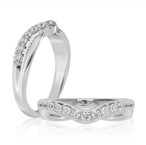 14K white gold band with round diamonds.