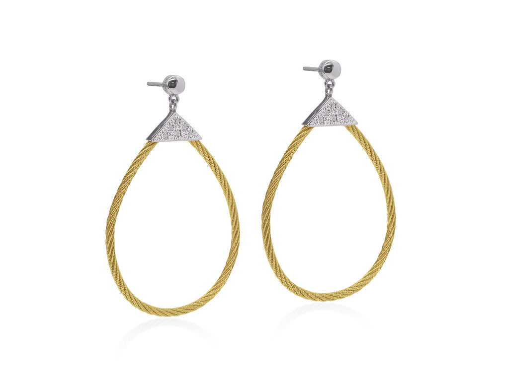 Drop Earth Mined Diamond Earrings in Stainless Steel Cable - 18 Karat White - Yellow with 0.10ctw Round Diamond