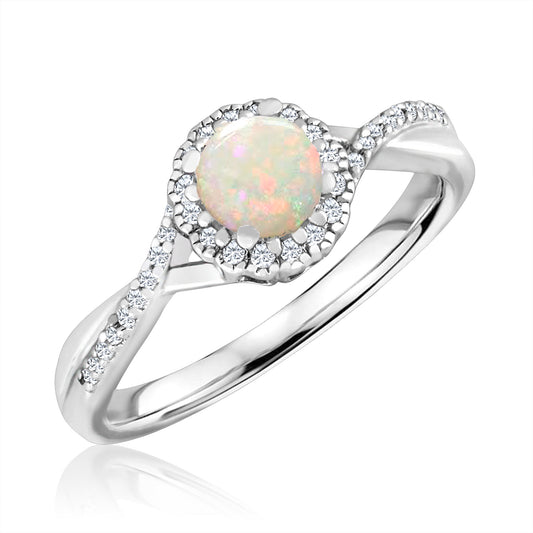 Color Gemstone Ring in Sterling Silver White with 1 Round Opal 0.65ctw