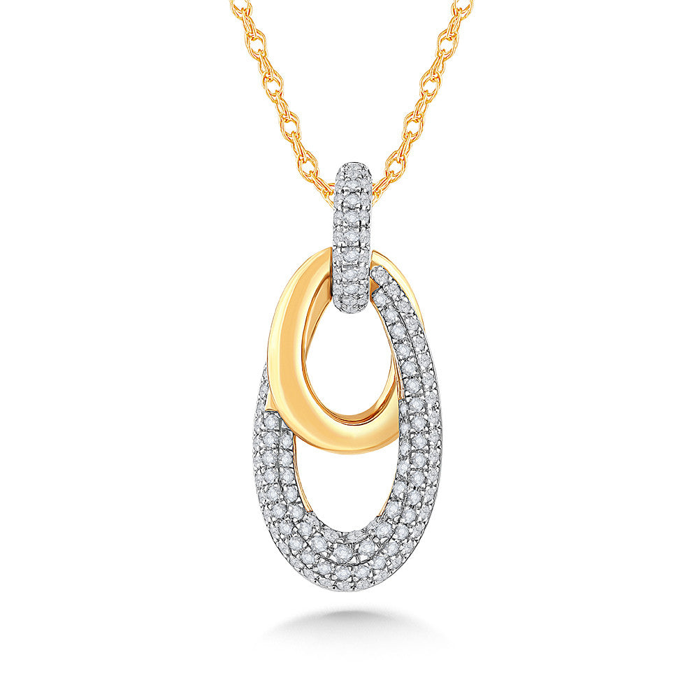 Yellow gold necklace with diamond oval pendant.