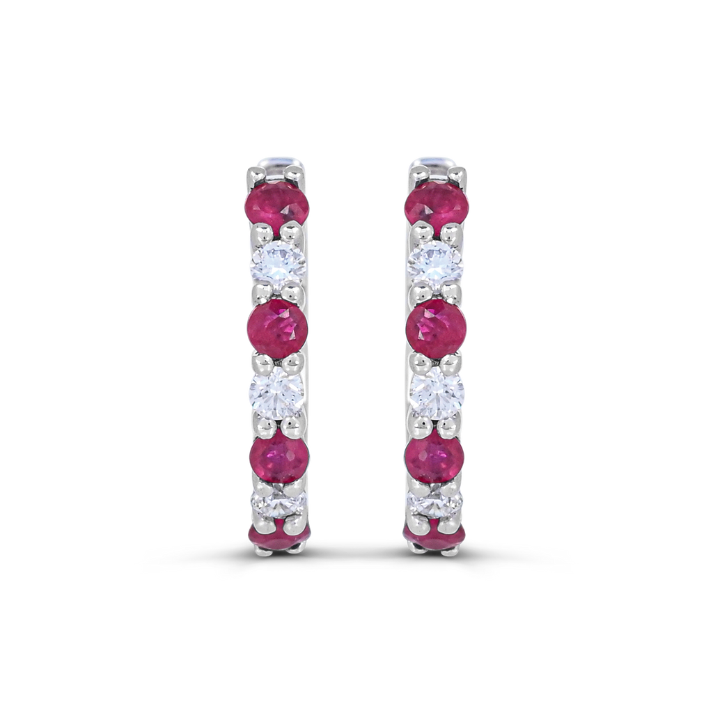 Small Hoop Color Gemstone Earrings in 14 Karat White with 8 Round Rubies 0.40ctw