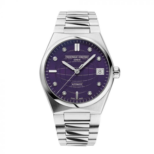 Purple dial stainless steel watch.