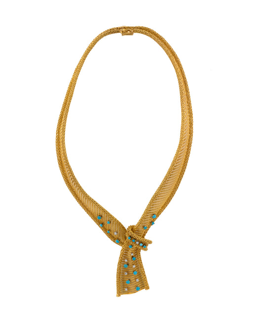 18K Yellow Gold 15" Vintage French Mesh Turquoise and Diamond Tie Choker