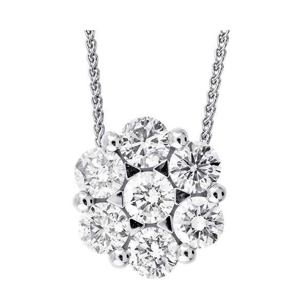Seven-diamond cluster pendant on white gold chain.
