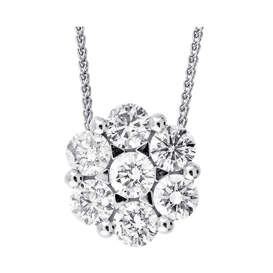 Seven-diamond cluster necklace in white gold.