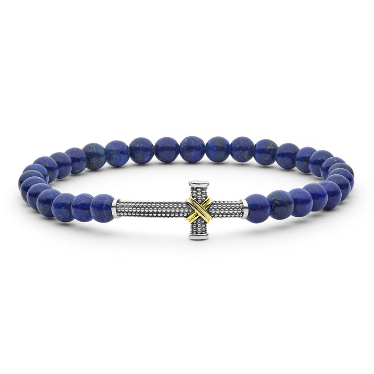 Blue lapis stretch bracelet with silver accents.
