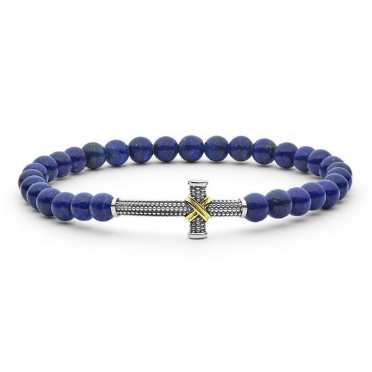 Blue lapis stretch bracelet with silver accents.