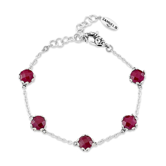 Station Color Gemstone Bracelet in Sterling Silver White with 5 Round Rubies