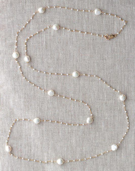Gold-filled necklace with baroque white pearls.