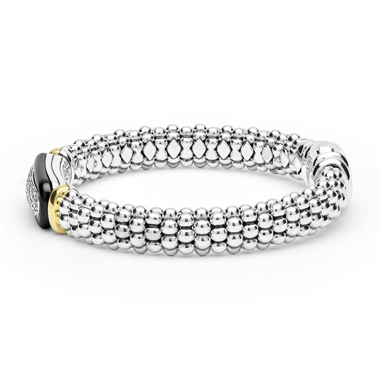 Sterling silver diamond caviar rope bracelet.