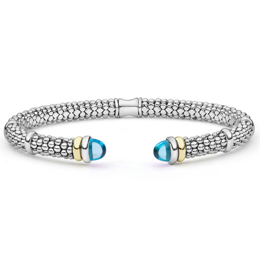 Lagos Signature Caviar Collection Cuff Color Gemstone Bracelet in Sterling Silver - 14 Karat White - Yellow with 2 Cabochon Citrines