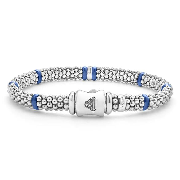 Sterling silver bracelet with blue ceramic and diamonds.