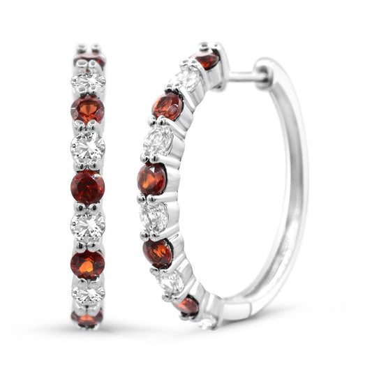 ReMARKable Designs Medium Hoop Color Gemstone Earrings in Sterling Silver White with 10 Round Garnets 1.70ctw