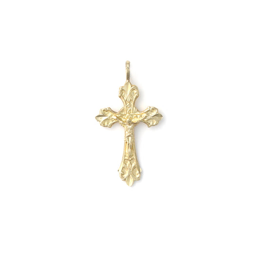 14K yellow gold ornate cross necklace.