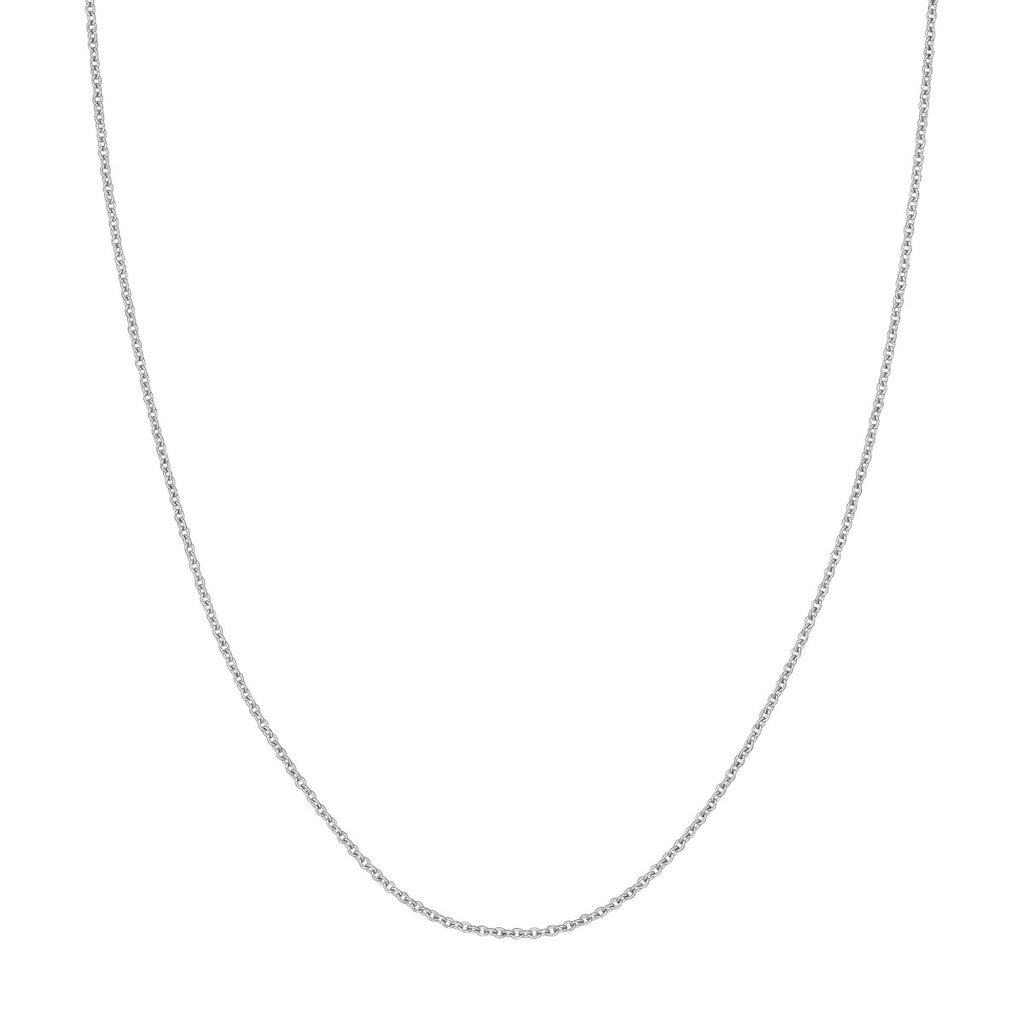 14K white gold polished cable chain.