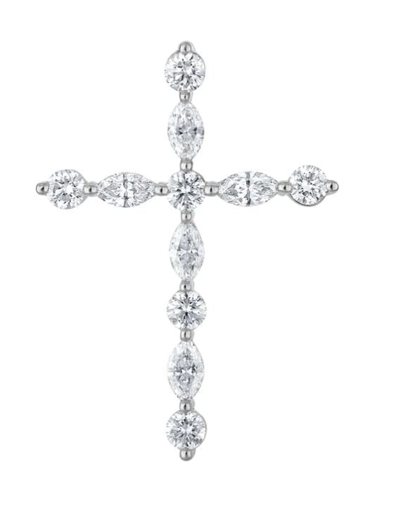 Cross necklace with various shaped diamonds.
