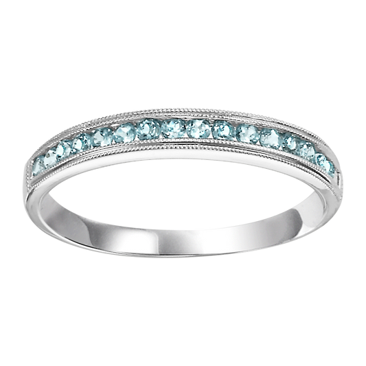 Stackable Color Gemstone Band in 10 Karat White with 17 Round Aquamarines 0.25ctw