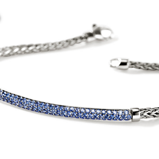 Station Color Gemstone Bracelet in Sterling Silver White Round Blue Sapphire