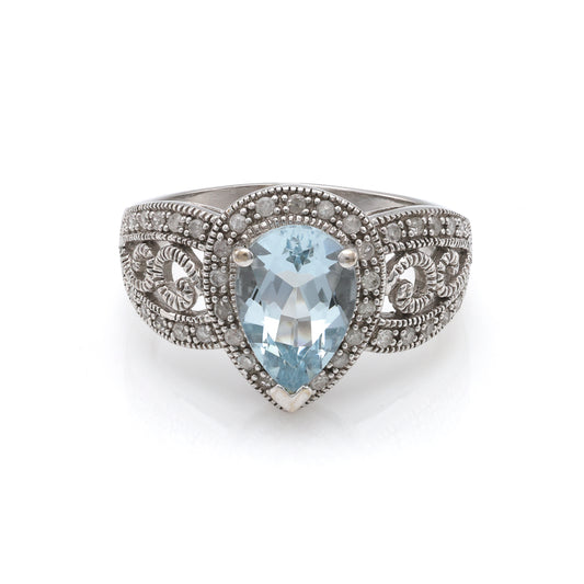 M Estate Collection Color Gemstone Ring in 14 Karat White with 1 Pear Aquamarine 1.85ctw 10.16mm-10.16mm