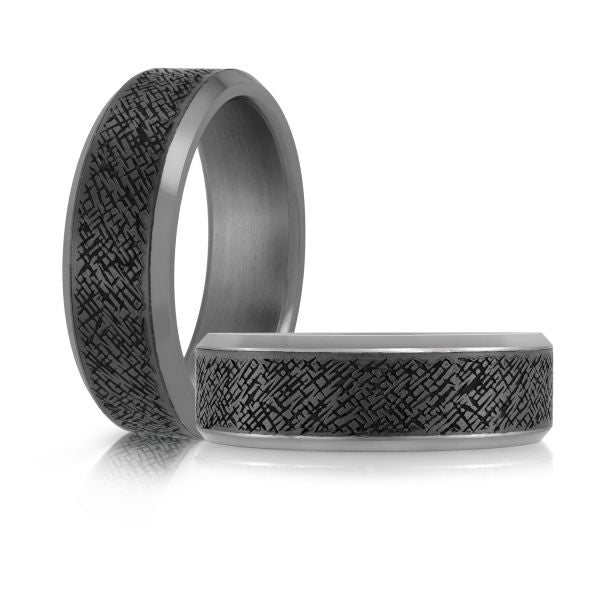 Tantalum carbon fiber band, black grey, carved design.