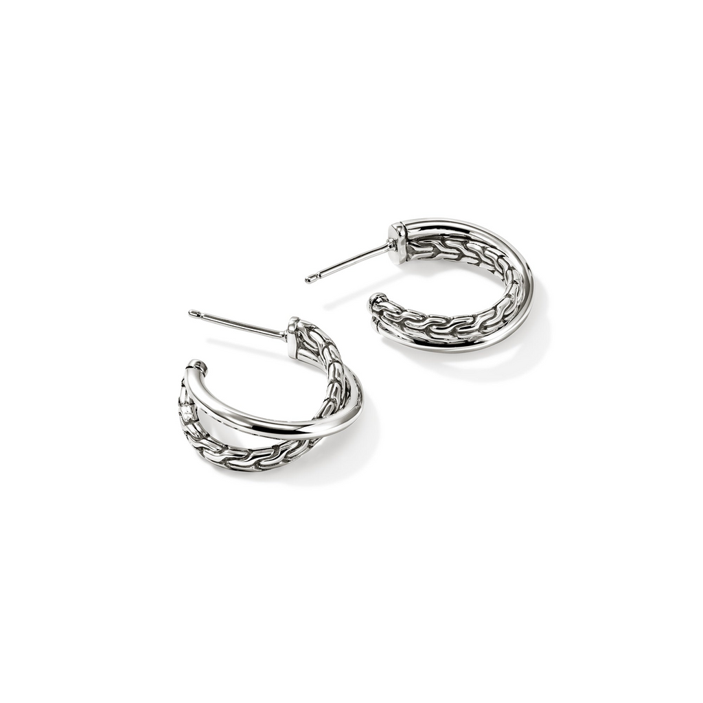 Sterling silver J hoop earrings, engraved design.