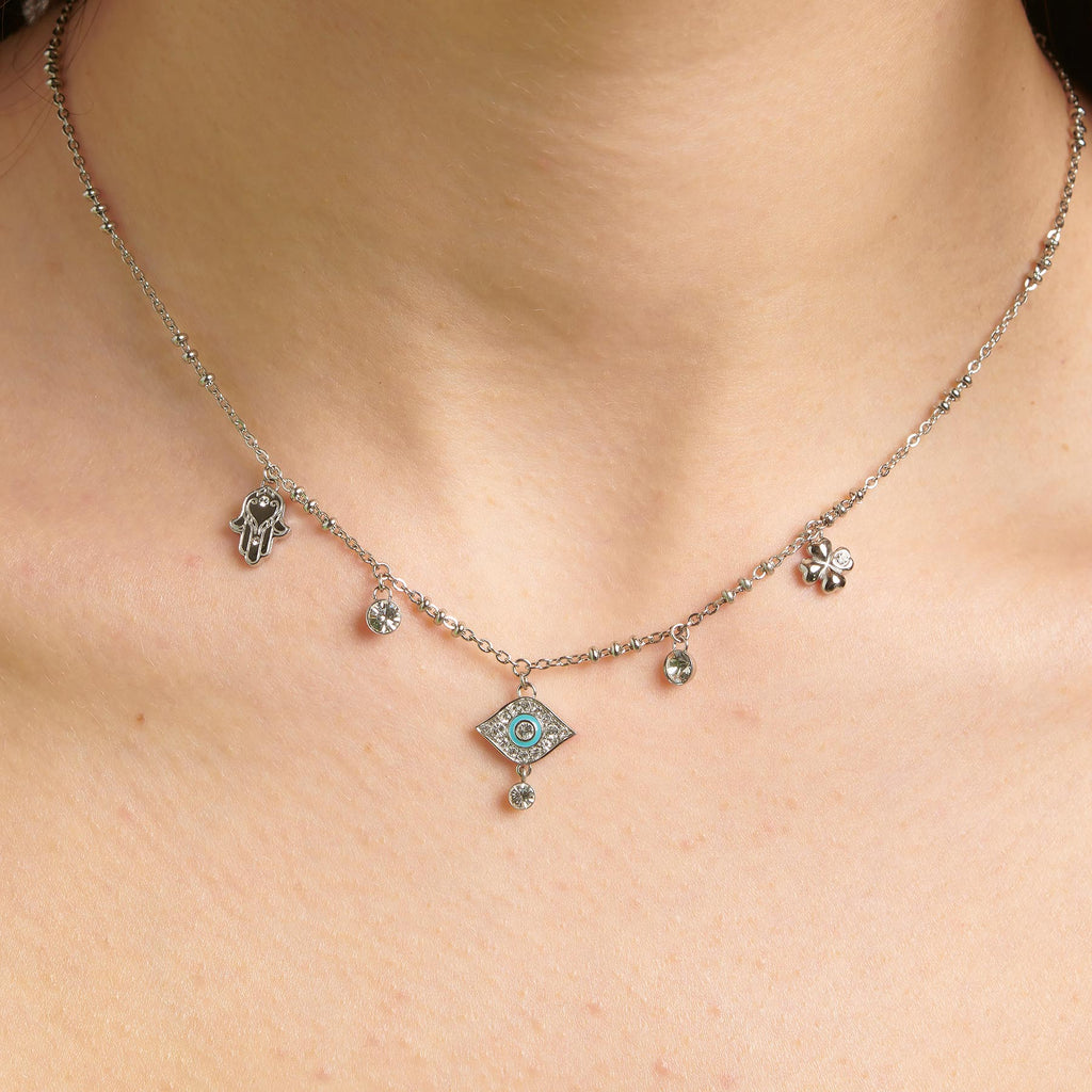 Stainless steel necklace with charms and stones.