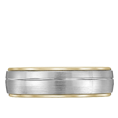 Two-tone carved band, satin finish, 14K gold.