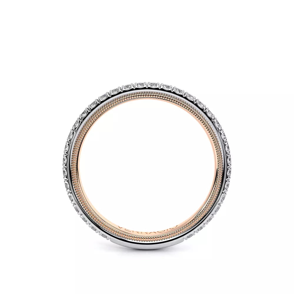 White and rose gold diamond wedding band.