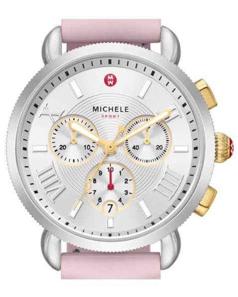 Silver watch with pink silicone band.