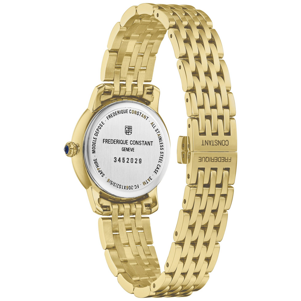 Gold stainless steel watch with sapphire crown.