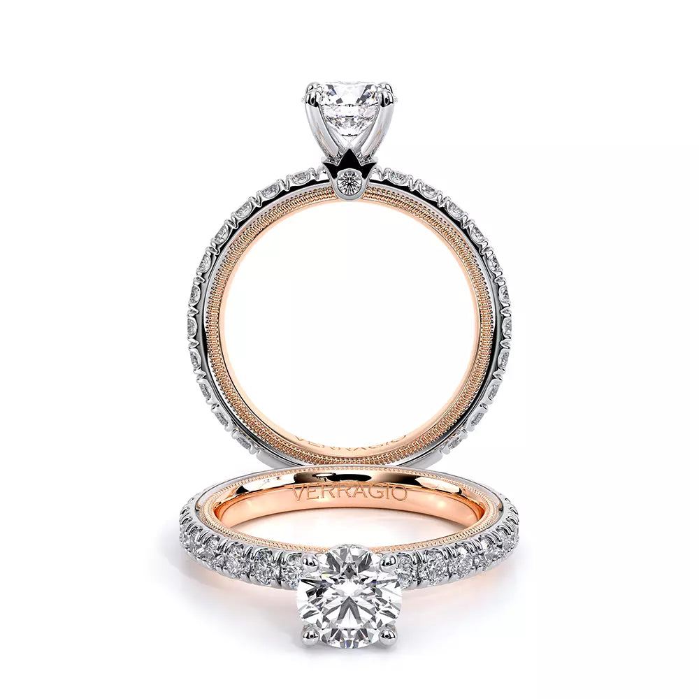 Verragio diamond ring, white-rose gold, intricate design.