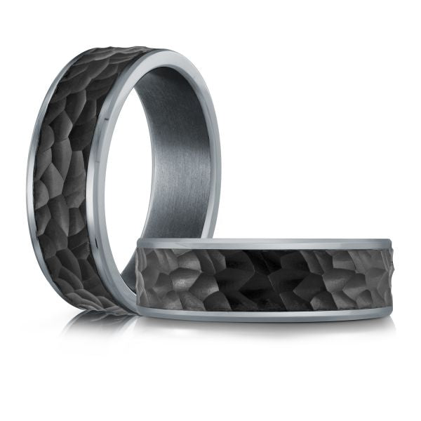 Tantalum carbon fiber band, black-grey, hammered finish.