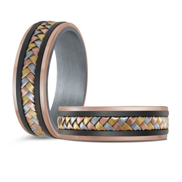 Tantalum band with braided multicolor design.