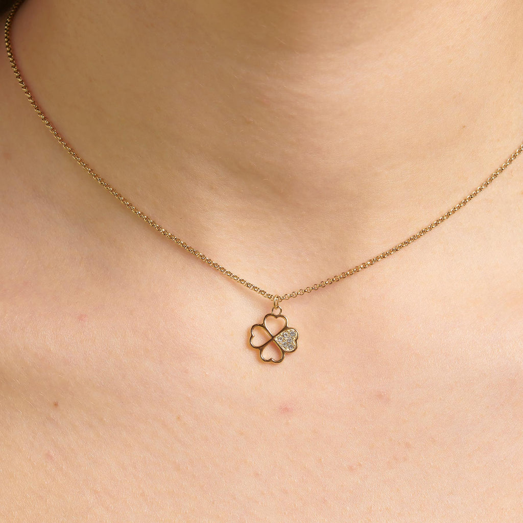 Clover pendant with simulated diamond, yellow steel.