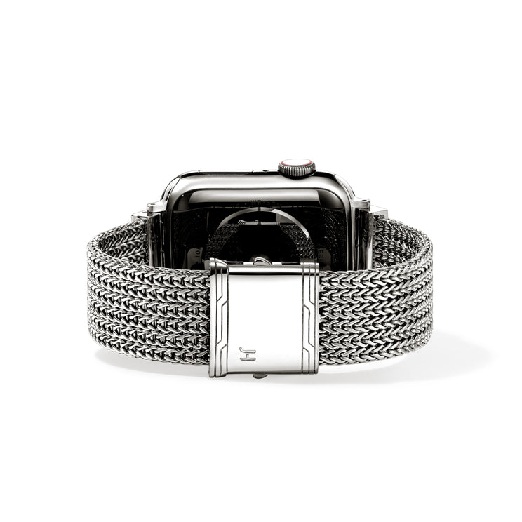 Sterling silver woven watch band, polished finish.