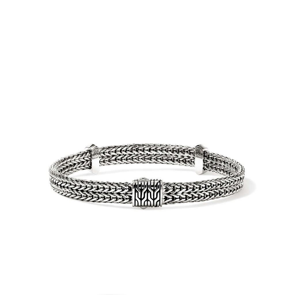 Sterling silver woven station bracelet, hidden clasp.