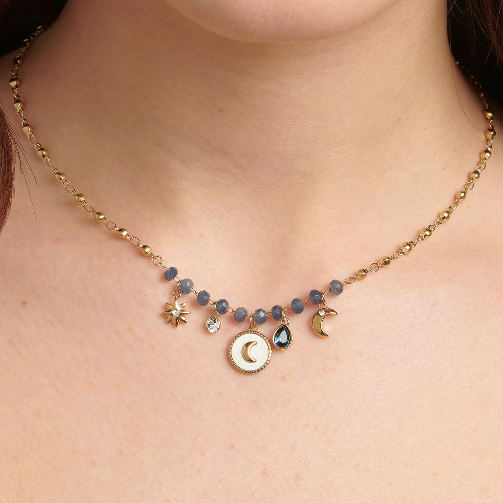 Yellow stainless steel necklace with gemstone charms.