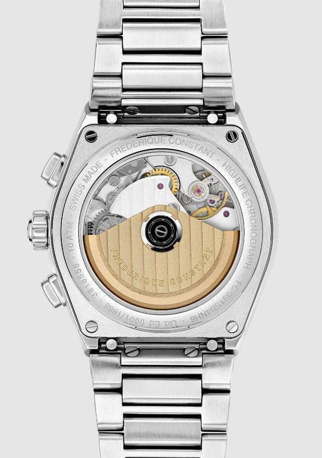 Visible movement in stainless steel watch back.