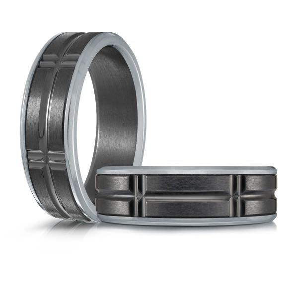 Tantalum titanium grey carved men's band.