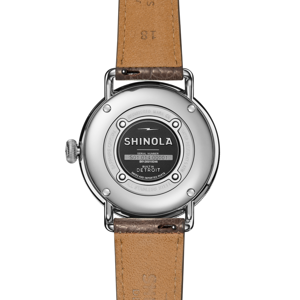Back view of stainless steel watch.