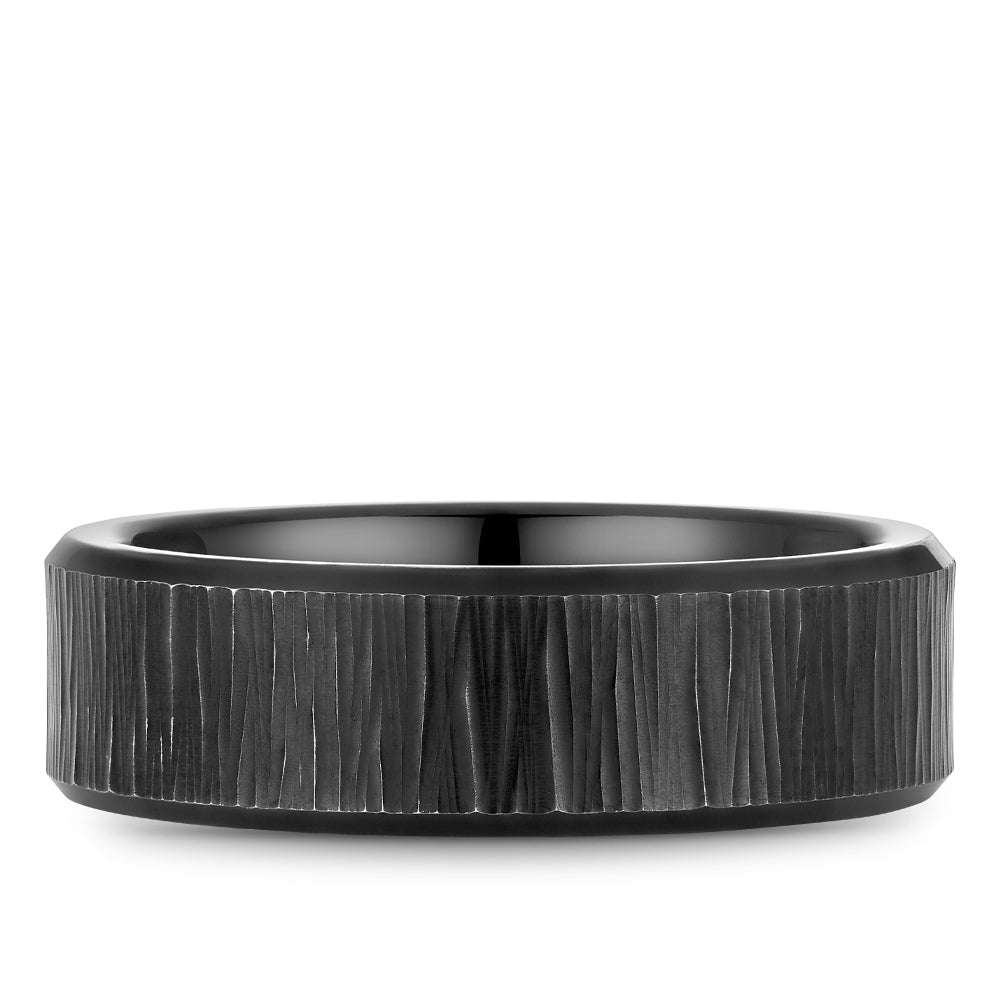 Textured 14K white-black gold carved band.